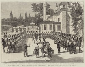 El sultán Abd-ul-Hamid II saliendo de la Mezquita Eyoub, Constantinopla, después de ser ceñido con la Espada de Othman